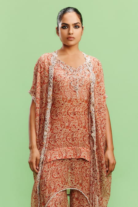 Buy Dolly J Orange Chiffon Embroidery, Arlette Ditsy Floral Print Cut-out Cape Sharara Set Online at Aza Fashions Buy_Dolly J_Orange Chiffon Embroidery, Arlette Ditsy Floral Print Cut-out Cape Sharara Set _Online_at_Aza_Fashions