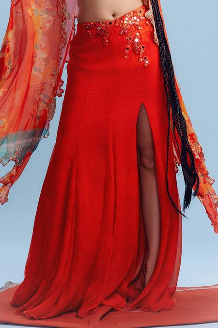 Dolly J Orange Chiffon Beads, Mirrors Basma Embellished Cut-out Cape Slit Skirt Set Online at Aza Fashions Dolly J_Orange Chiffon Beads, Mirrors Basma Embellished Cut-out Cape Slit Skirt Set _Online_at_Aza_Fashions