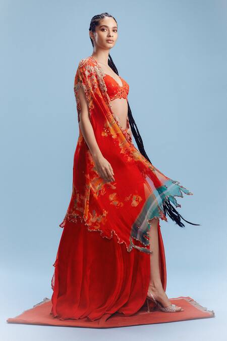 Shop Dolly J Orange Chiffon Beads, Mirrors Basma Embellished Cut-out Cape Slit Skirt Set Online at Aza Fashions Shop_Dolly J_Orange Chiffon Beads, Mirrors Basma Embellished Cut-out Cape Slit Skirt Set _Online_at_Aza_Fashions