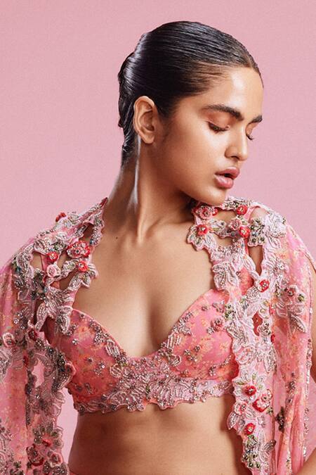 Dolly J Pink Chiffon Beads, Cut Work Clara Embellished Cape Asymmetric Skirt Set Online at Aza Fashions Dolly J_Pink Chiffon Beads, Cut Work Clara Embellished Cape Asymmetric Skirt Set _Online_at_Aza_Fashions