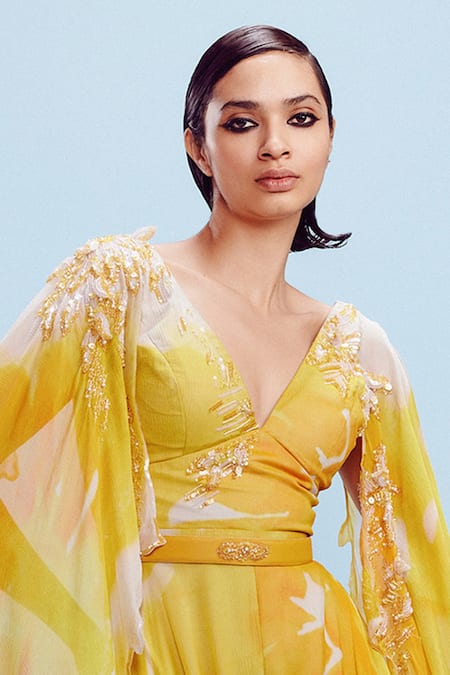 Dolly J_Yellow Chiffon Sequins, Pearls V-neck Nora Embellished Jumpsuit _Online_at_Aza_Fashions