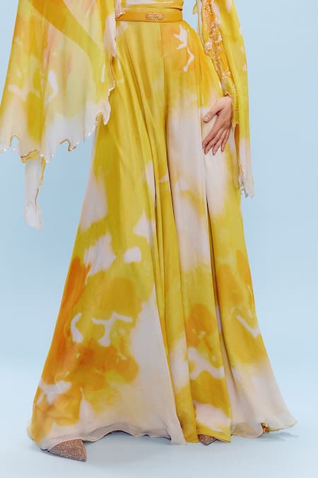 Buy_Dolly J_Yellow Chiffon Sequins, Pearls V-neck Nora Embellished Jumpsuit _Online_at_Aza_Fashions
