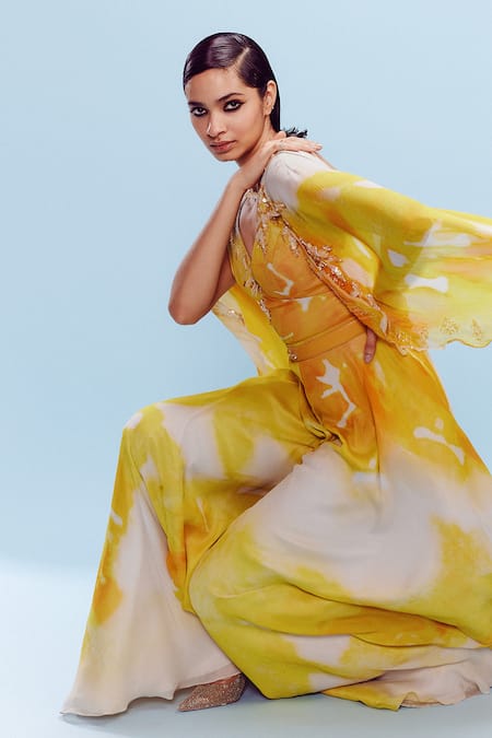 Shop_Dolly J_Yellow Chiffon Sequins, Pearls V-neck Nora Embellished Jumpsuit _Online_at_Aza_Fashions