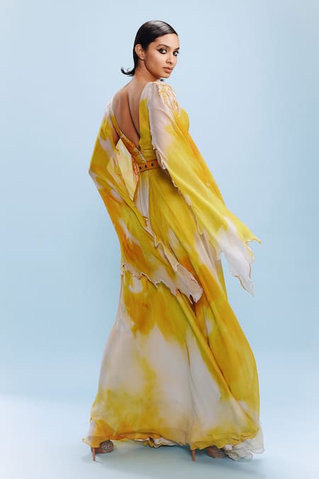 Shop_Dolly J_Yellow Chiffon Sequins, Pearls V-neck Nora Embellished Jumpsuit _at_Aza_Fashions