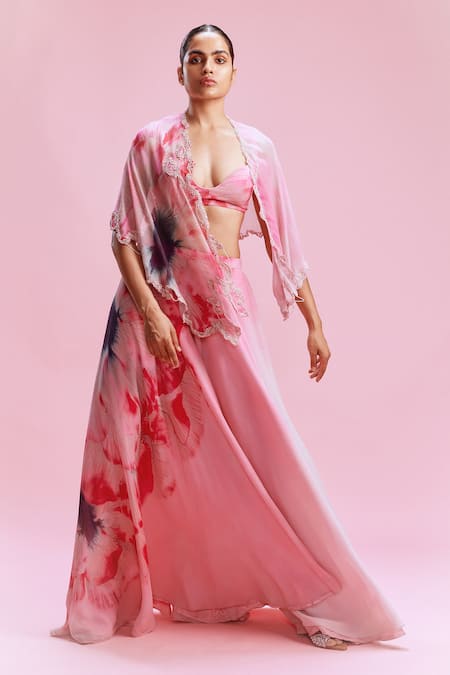 Dolly J Pink Chiffon Embellished Pearl Cape Open Arelia Cut-out Sharara Set 