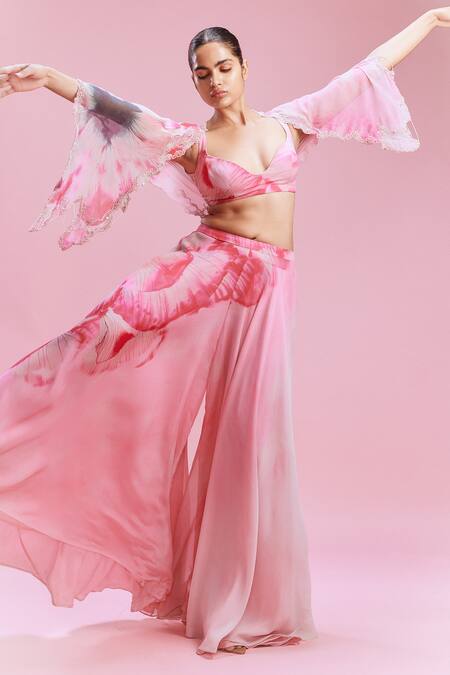 Dolly J Pink Chiffon Pearls, Sequins Arelia Embellished Cut-out Cape Sharara Set Online at Aza Fashions Dolly J_Pink Chiffon Pearls, Sequins Arelia Embellished Cut-out Cape Sharara Set _Online_at_Aza_Fashions