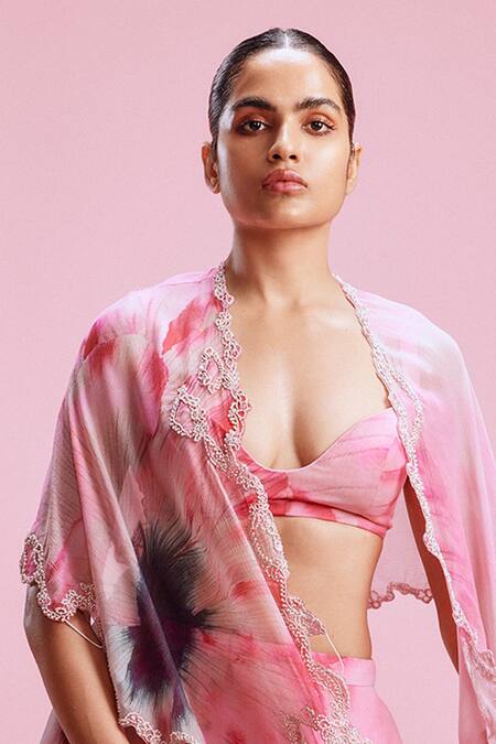 Dolly J Pink Chiffon Pearls, Sequins Arelia Embellished Cut-out Cape Sharara Set at Aza Fashions Dolly J_Pink Chiffon Pearls, Sequins Arelia Embellished Cut-out Cape Sharara Set _at_Aza_Fashions