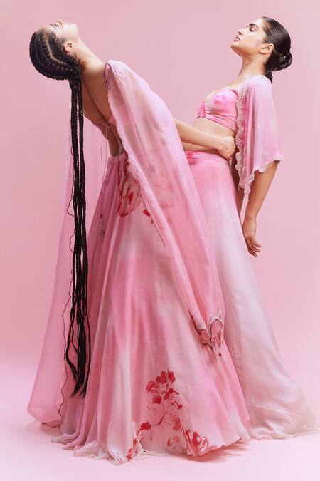 Shop Dolly J Pink Chiffon Pearls, Sequins Arelia Embellished Cut-out Cape Sharara Set Shop_Dolly J_Pink Chiffon Pearls, Sequins Arelia Embellished Cut-out Cape Sharara Set