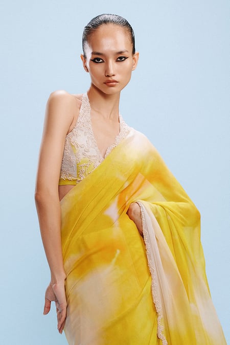 Dolly J_Yellow Chiffon Pearls, Asher Watercolour Print Saree With Embellished Blouse _Online_at_Aza_Fashions