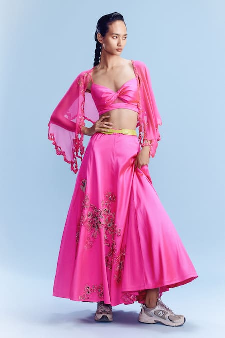 Dolly J Pink Satin Embellished Bead Cape Open Amira Cutwork Skirt Set 