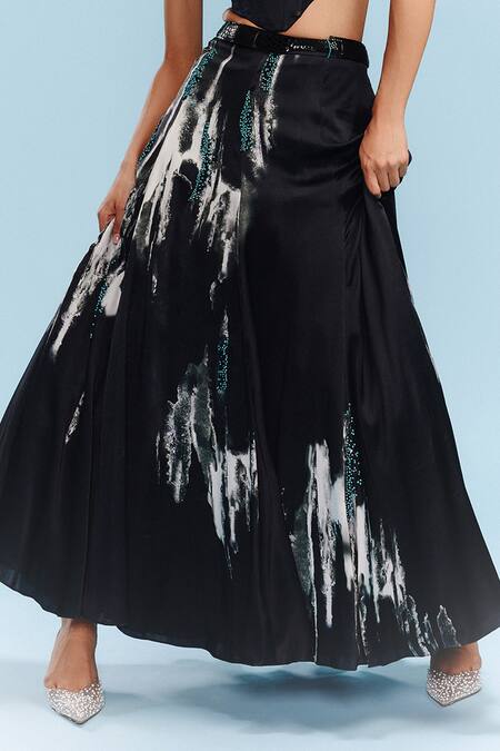 Dolly J_Black Satin Beads Halter Neck Brushstroke Print Corset And Skirt Set _Online_at_Aza_Fashions