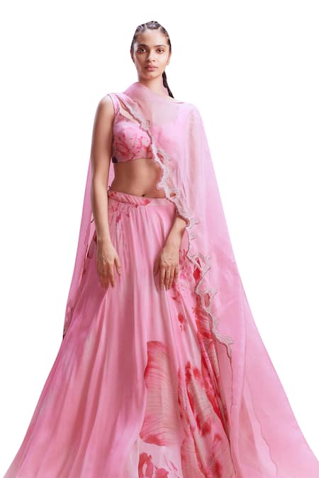 Dolly J Pink Chiffon Beads, Cut Work Scoop Neck Sanvi Floral Print Lehenga Set Online at Aza Fashions Dolly J_Pink Chiffon Beads, Cut Work Scoop Neck Sanvi Floral Print Lehenga Set _Online_at_Aza_Fashions