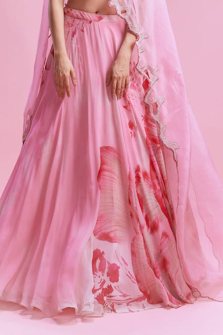Shop Dolly J Pink Chiffon Beads, Cut Work Scoop Neck Sanvi Floral Print Lehenga Set Online at Aza Fashions Shop_Dolly J_Pink Chiffon Beads, Cut Work Scoop Neck Sanvi Floral Print Lehenga Set _Online_at_Aza_Fashions