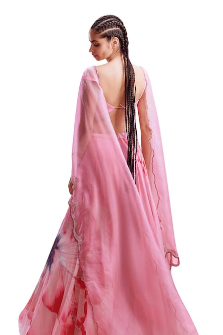 Dolly J Pink Chiffon Beads, Cut Work Scoop Neck Sanvi Floral Print Lehenga Set at Aza Fashions Dolly J_Pink Chiffon Beads, Cut Work Scoop Neck Sanvi Floral Print Lehenga Set _at_Aza_Fashions