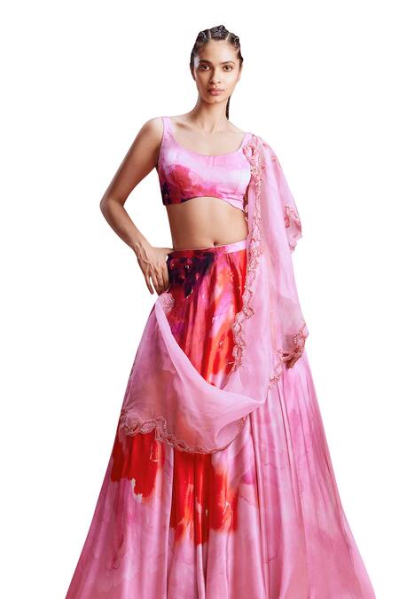Dolly J_Pink Satin Cut Work, Beads Scoop Sahana Watercolour Floral Print Lehenga Set _Online_at_Aza_Fashions