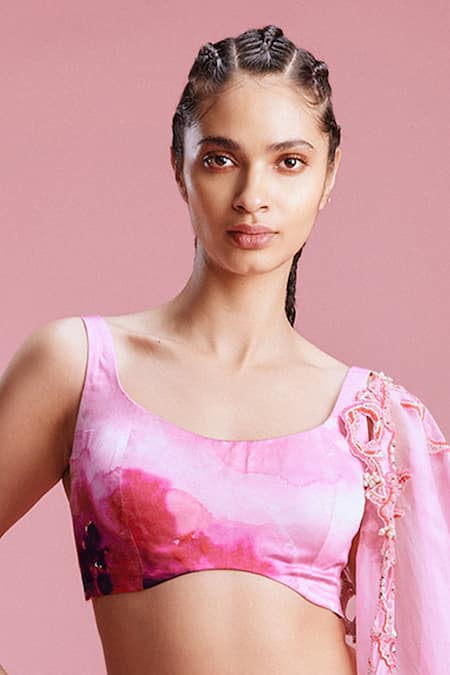 Buy_Dolly J_Pink Satin Cut Work, Beads Scoop Sahana Watercolour Floral Print Lehenga Set _Online_at_Aza_Fashions