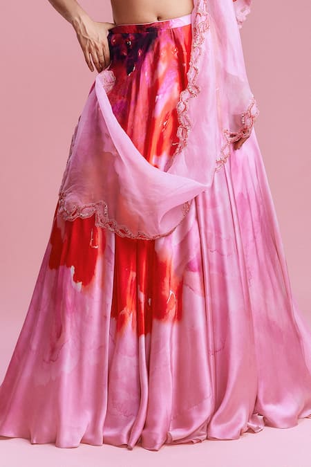 Shop_Dolly J_Pink Satin Cut Work, Beads Scoop Sahana Watercolour Floral Print Lehenga Set _Online_at_Aza_Fashions