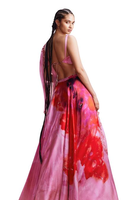 Dolly J_Pink Satin Cut Work, Beads Scoop Sahana Watercolour Floral Print Lehenga Set _at_Aza_Fashions