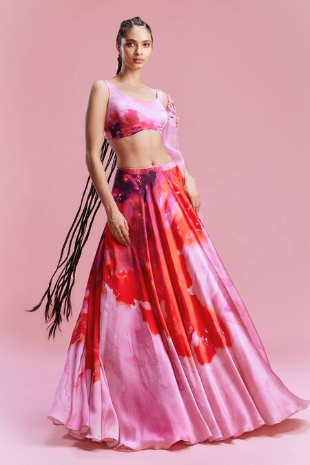 Buy_Dolly J_Pink Satin Cut Work, Beads Scoop Sahana Watercolour Floral Print Lehenga Set 