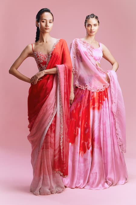 Shop_Dolly J_Pink Satin Cut Work, Beads Scoop Sahana Watercolour Floral Print Lehenga Set 