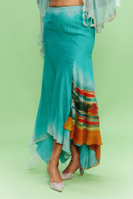 Dolly J_Blue Chiffon Beads, Cut Work Rana Bread Embellished Cape Printed Skirt _Online_at_Aza_Fashions