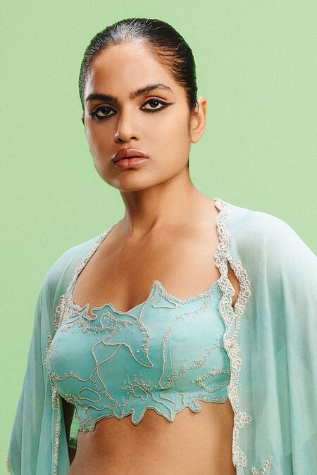 Buy_Dolly J_Blue Chiffon Beads, Cut Work Rana Bread Embellished Cape Printed Skirt _Online_at_Aza_Fashions