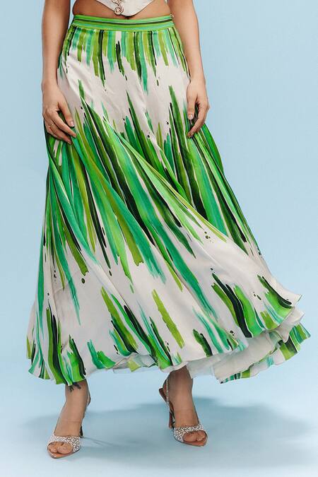 Buy Dolly J Beige Satin Beads, Applique Halter Neck Green Brushstroke Print Lehenga And Corset Online at Aza Fashions Buy_Dolly J_Beige Satin Beads, Applique Halter Neck Green Brushstroke Print Lehenga And Corset _Online_at_Aza_Fashions