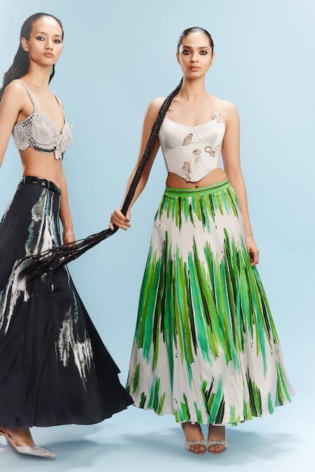 Shop Dolly J Beige Satin Beads, Applique Halter Neck Green Brushstroke Print Lehenga And Corset Online at Aza Fashions Shop_Dolly J_Beige Satin Beads, Applique Halter Neck Green Brushstroke Print Lehenga And Corset _Online_at_Aza_Fashions