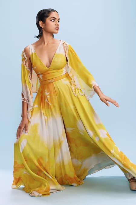 Dolly J Yellow Chiffon Embellished Pearl Jumpsuit Ruya Watercolour Print With Cape 