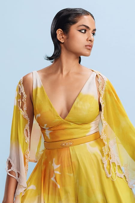 Dolly J Yellow Chiffon Pearls, Sequins V-neck Ruya Watercolour Print Jumpsuit With Cape Online at Aza Fashions Dolly J_Yellow Chiffon Pearls, Sequins V-neck Ruya Watercolour Print Jumpsuit With Cape _Online_at_Aza_Fashions