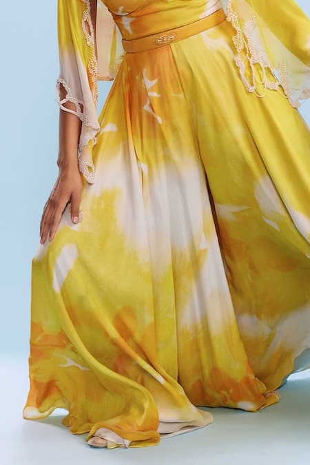 Buy Dolly J Yellow Chiffon Pearls, Sequins V-neck Ruya Watercolour Print Jumpsuit With Cape Online at Aza Fashions Buy_Dolly J_Yellow Chiffon Pearls, Sequins V-neck Ruya Watercolour Print Jumpsuit With Cape _Online_at_Aza_Fashions