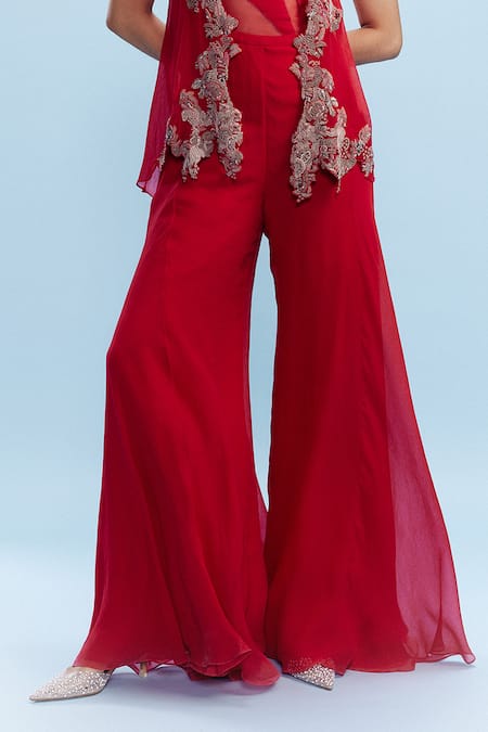 Buy Dolly J Red Chiffon Pearls, Harini Sheer Panel Jumpsuit With Bead Embellished Shrug Online at Aza Fashions Buy_Dolly J_Red Chiffon Pearls, Harini Sheer Panel Jumpsuit With Bead Embellished Shrug _Online_at_Aza_Fashions