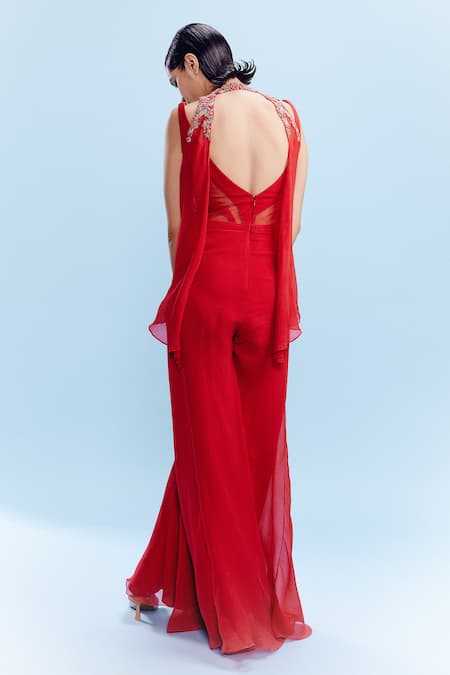 Shop Dolly J Red Chiffon Pearls, Harini Sheer Panel Jumpsuit With Bead Embellished Shrug at Aza Fashions Shop_Dolly J_Red Chiffon Pearls, Harini Sheer Panel Jumpsuit With Bead Embellished Shrug _at_Aza_Fashions