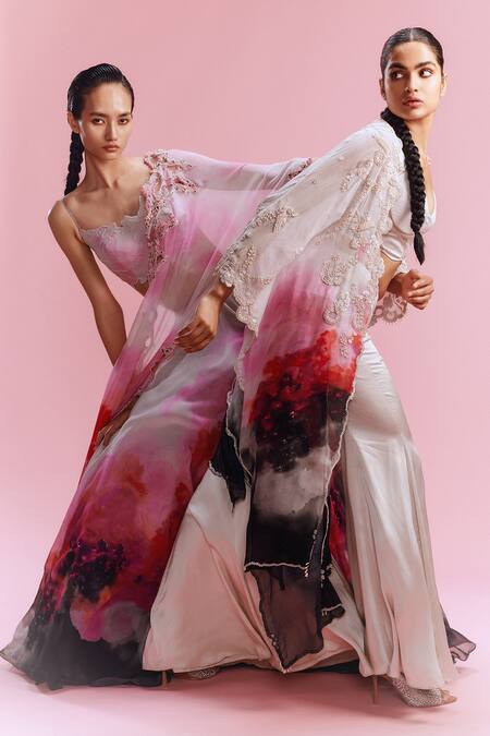 Dolly J_White Satin Pearls, Sequins Amaya Watercolour Print Cape Flared Pant Set _at_Aza_Fashions