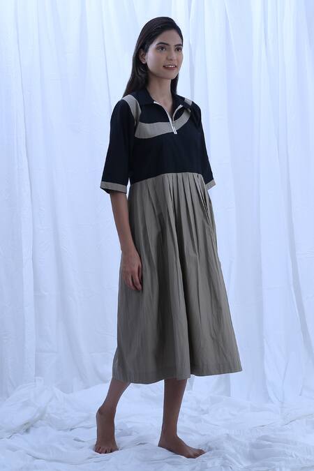 Shop_Khat_Green Cotton, Poplin Collared Earthy Solid Pleated Dress _Online_at_Aza_Fashions