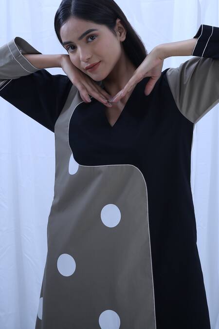 Khat_Green Poplin, Cotton V-neck Earthy Polka Dots Print Dress _Online_at_Aza_Fashions