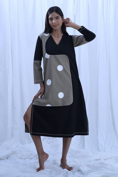Buy_Khat_Green Poplin, Cotton V-neck Earthy Polka Dots Print Dress _Online_at_Aza_Fashions