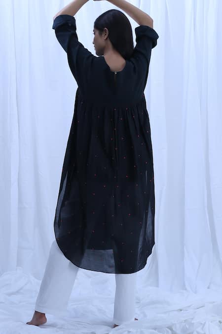 Shop Khat Black Cotton, Chanderi, Poplin Round Neck Polka Dots Print Kurta And Pant Set at Aza Fashions Shop_Khat_Black Cotton, Chanderi, Poplin Round Neck Polka Dots Print Kurta And Pant Set _at_Aza_Fashions