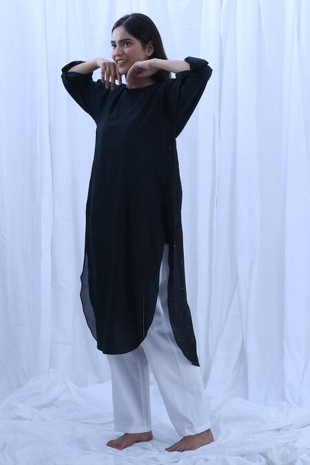 Shop Khat Black Cotton, Chanderi, Poplin Round Neck Polka Dots Print Kurta And Pant Set Shop_Khat_Black Cotton, Chanderi, Poplin Round Neck Polka Dots Print Kurta And Pant Set