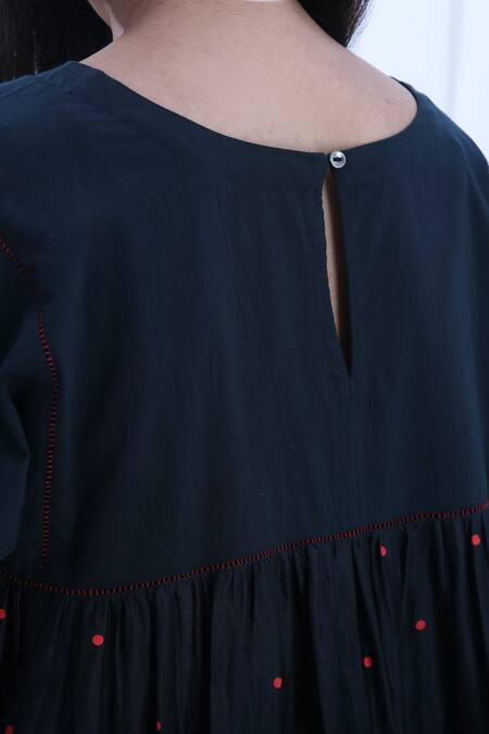 Shop_Khat_Black Cotton, Chanderi Silk Round Neck Polka Dots Pattern Kurta And Pant Set _Online_at_Aza_Fashions