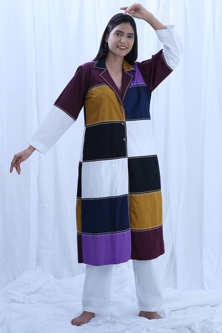 Shop_Khat_Multi Color Poplin, Cotton Embroidery Multi-panel Shirt Kurta And Pant Set _Online_at_Aza_Fashions