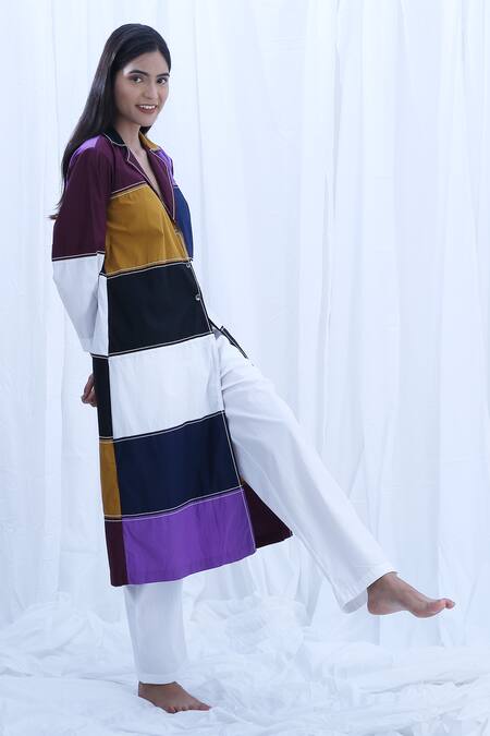 Khat_Multi Color Poplin, Cotton Embroidery Multi-panel Shirt Kurta And Pant Set _at_Aza_Fashions