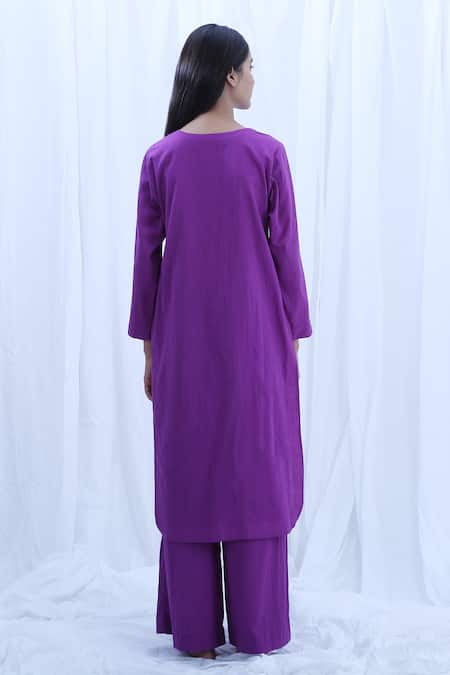 Shop_Khat_Purple Handloom Cotton Solid Notched Kurta And Pant Set _at_Aza_Fashions