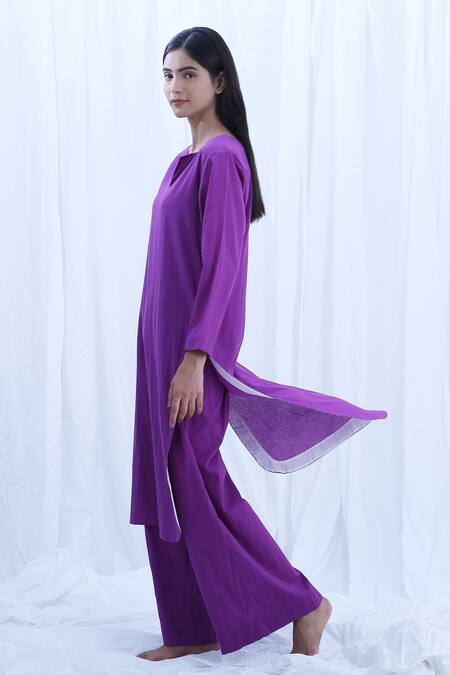Khat_Purple Handloom Cotton Solid Notched Kurta And Pant Set _Online_at_Aza_Fashions