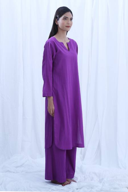 Buy_Khat_Purple Handloom Cotton Solid Notched Kurta And Pant Set _Online_at_Aza_Fashions