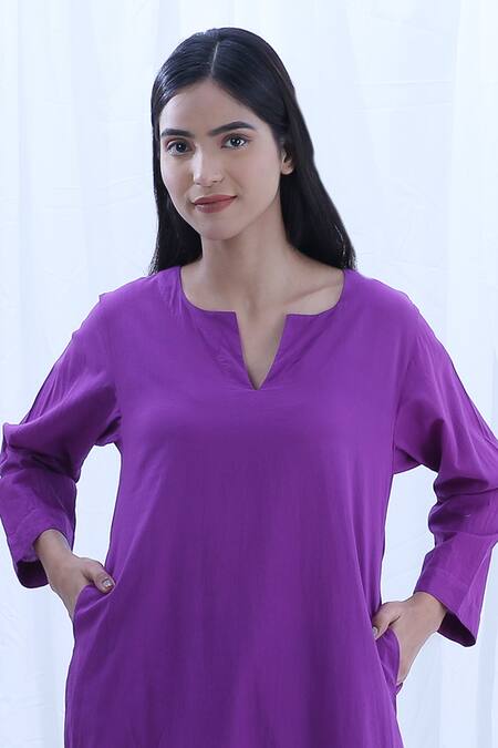 Buy_Khat_Purple Handloom Cotton Solid Notched Kurta And Pant Set 
