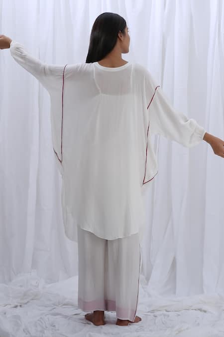 Khat White Gathered Kaftan & Pant Set 