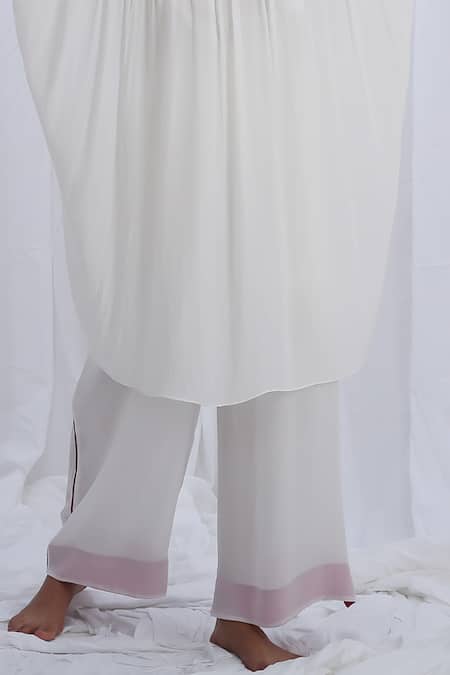 Khat_White Round Neck Gathered Kaftan And Pant Set _Online_at_Aza_Fashions