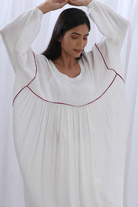 Buy_Khat_White Round Neck Gathered Kaftan And Pant Set _Online_at_Aza_Fashions
