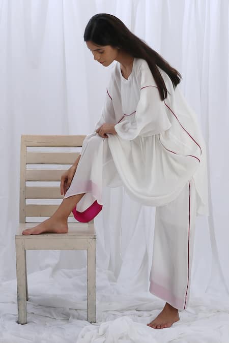 Shop_Khat_White Round Neck Gathered Kaftan And Pant Set _Online_at_Aza_Fashions